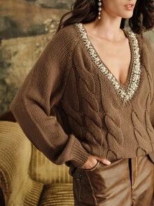 Anewsta New V-Neck Bubble Bead 3D Decor Oversized Slouchy Loose Outerwear To Pair With Coats, Brown Sweater For Women, Winter Clothing - Mocha Brown - View 3