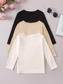 SHEIN Elladie kids Áo thun tay dài cổ tròn màu trơn dáng rộng thoải mái cho bé gái, thoải mái và thời trang, thích hợp khi đi du lịch, đen/trắng/xám, xuân/thu - Nhiều màu - Xem 2