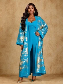 Brilight “女士优雅派对金色印花长款开衫和深 V 领褶饰连体裤 2 件套” - 水鴨藍 - 查看 4