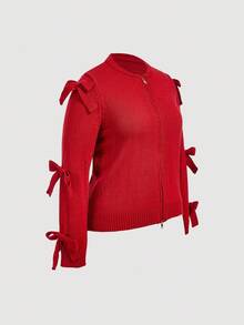 SHEIN MOD Cárdigan de punto con cremallera delantera abierta, manga larga y decoración de lazo rojo, talla grande