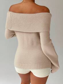 FavEase Suéter de cuello redondo de unicolor - Caqui - Ver 2