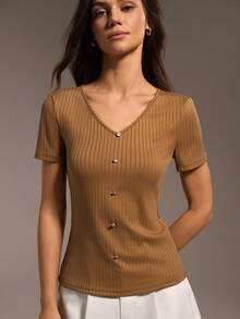 Hanevo Camiseta casual de verano para mujer de unicolor, cuello en V, abotonada, de manga corta