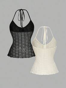 SHEIN MOD Áo cánh tay dài vải họa tiết cổ chữ V, cổ buộc, trang phục thường ngày khi đi nghỉ - Nhiều màu - Xem 2