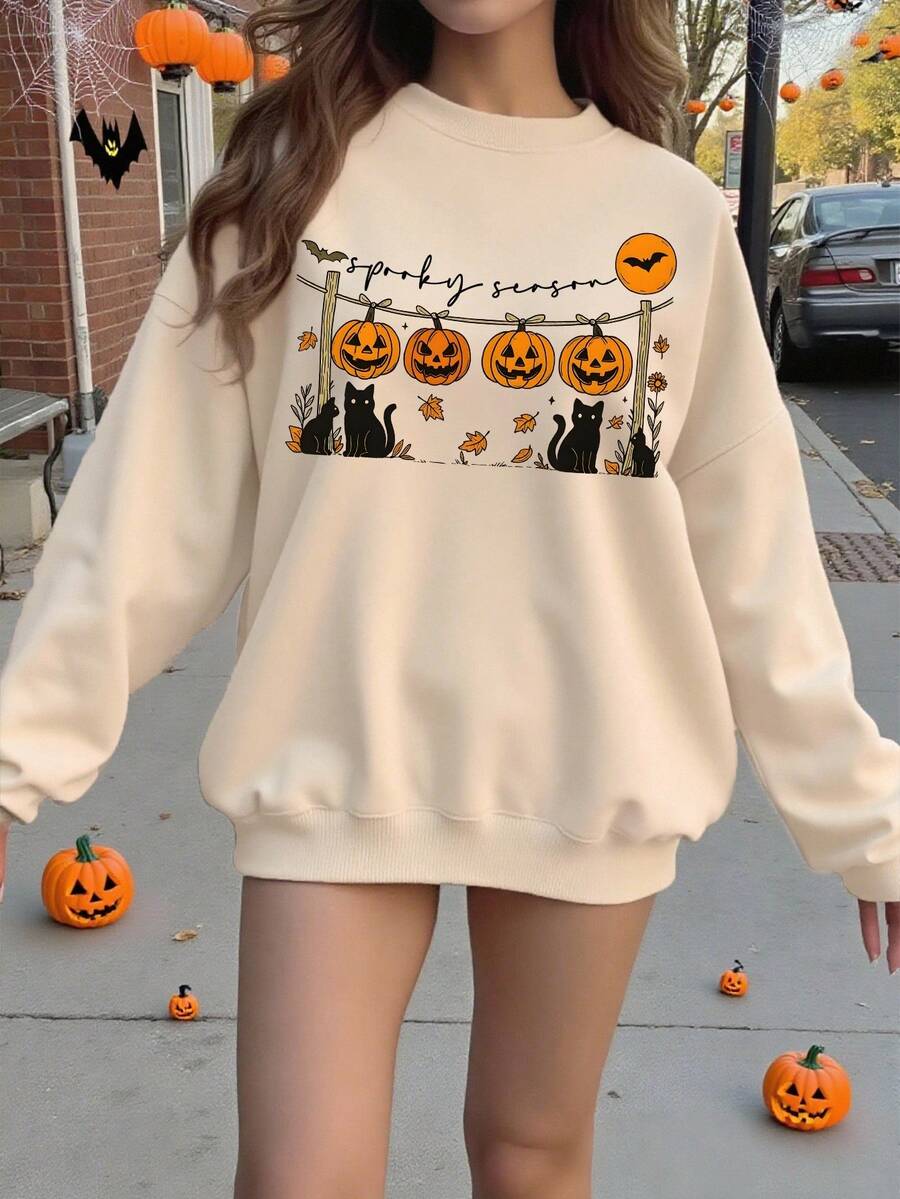女士万圣节南瓜、可爱鬼魂、不给糖就捣蛋、怪异小动物、恐怖季节、秋季休闲简约圆领宽松基本款套头衫 - 卡其色 - 查看 1