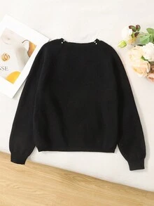 Tween Girl Casual Round Neck Long Sleeve Hollow Bow Knit Sweater, Autumn/Winter Fall - Black - View 2