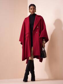 Zivah Early Autumn/Winter New Styles For Birthday Parties, Graduation Season, Daily Outings, Basic, Versatile, Casual Vacation, Cruise Travel, Internet Celebrities, Popular, Casual, Elegant, Commuting, Casual, Street Party, OL Style, Lapel, Fake Pocket Decoration, Cape-Style Knee-Length Woolen Coat, Metal Buckle Decoration, Burgundy Woolen Coat, Ladies' Woolen Coat -A - Burgundy - View 5