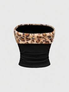 ROMWE Grunge Punk Shibuya Subculture Faux Fur Leopard Print Patchwork Knit Slim Fit Rhinestone Embellished Tube Top For Women - Multicolor - View 2