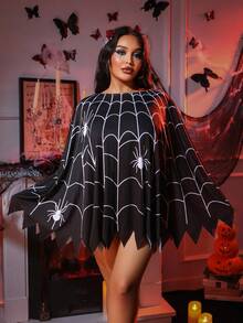 Fantasy Costume Plus Size Halloween Spider Web & Spider Disguise Cloak With Asymmetrical Hem, Slimming Look, Cute Trick Or Treat Costume, Can Be Worn Outdoors Spider Skirt Spiderweb Skirt