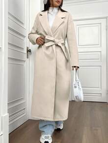 SHEIN Unity 女士纯色翻领落肩长袖长款休闲大衣，秋冬款 - 淡黃色 - 查看 5