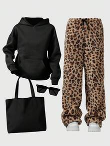 SHEIN Teen Girls Sweatshirt Set, Street Sports Casual Campus Leopard Print Pattern Pullover Sweatshirt And Leopard Print Pants/Spring/Autumn/Christmas,Holiday/Family Day/Happy New Year - Multicolor - View 8