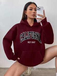 Flirla Embroidered English Graphic Hooded Oversized Sweatshirt - Burgundy - View 6