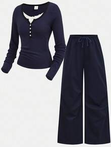 Girlism Teen Girls Navy Blue Ribbed Long Sleeve Mock Neck Contrast Trim Button Design Tight Fit Turtleneck Top And Wide Leg Pleated Pants Casual Street Chic Two Pieces Set Fall Winter