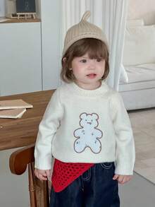 DAZY 女婴卡通熊圆领长袖毛衣，韩版秋冬 - 杏色 - 查看 7