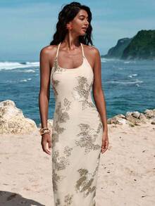 Opulessa 女士度假海滩性感3D花卉吊带连衣裙 - 卡其色 - 查看 6