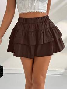 Chiquease 女式纯色弹性腰部双褶边下摆裙裤，度假风 - 巧克力棕 - 查看 4