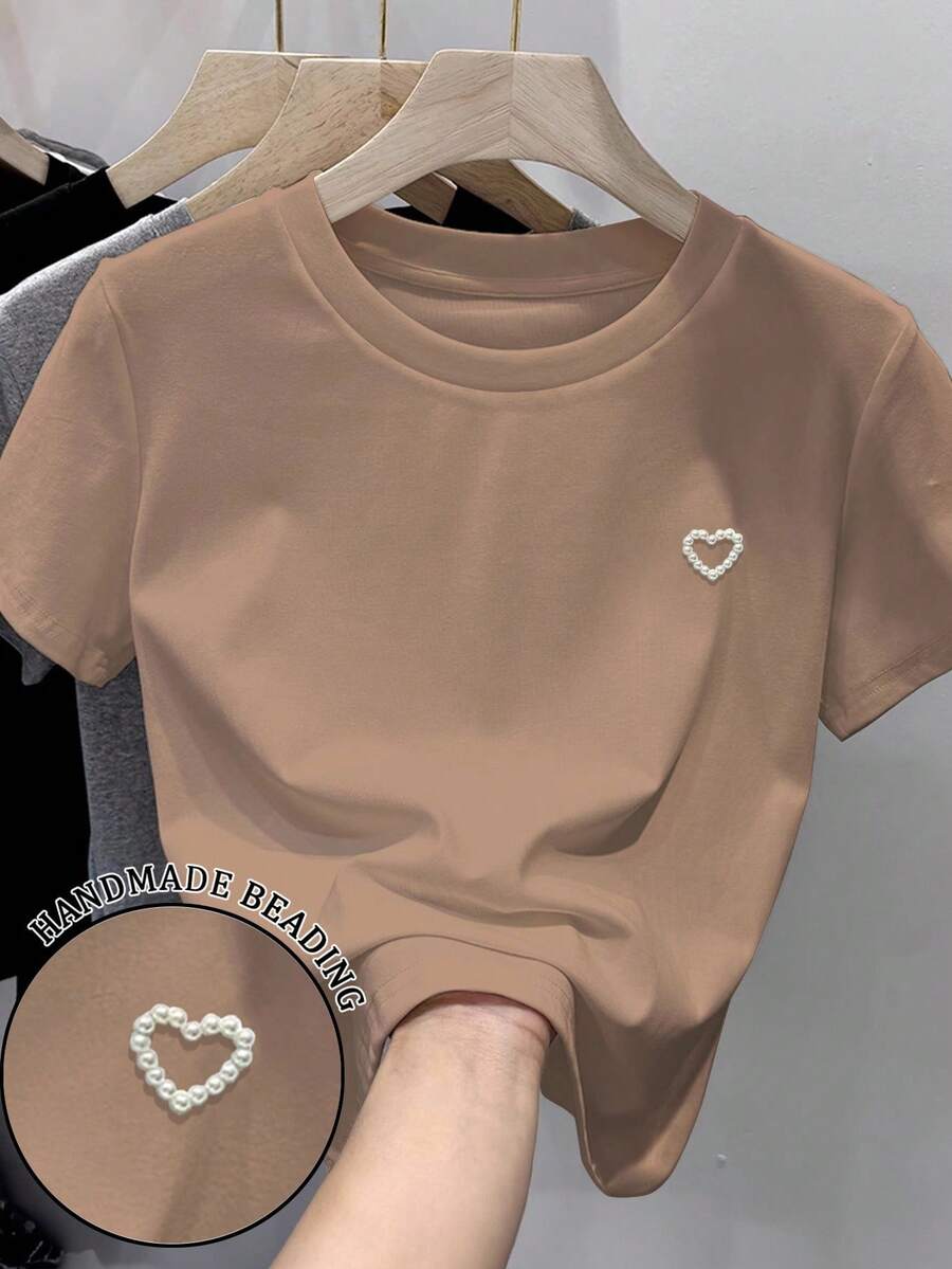 SHEIN 夏季休闲百搭心形铆钉装饰T恤 - 卡其色 - 查看 1