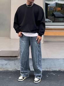 DAZY Autumn Artistic Letter Print Washed Blue Men's Jeans - Blue - View 6