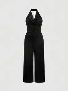 SHEIN MOD Plus Size Women's Solid Color Draped Neck Pleated Wide Leg Jumpsuit Black One Piece Jumpsuit Black Jumpsuit Women Halter Jumpsuit Jumpsuit For Women Black Jumpsuit Elegant Women One Piece Jumpsuit Backless Jumpsuit,Christmas - Black - View 8