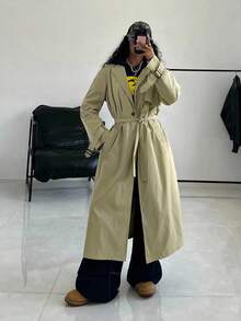 StreetHx Women's Solid Color Real Pocket Waist Tie Long Trench Coat, Autumn - Khaki - View 5