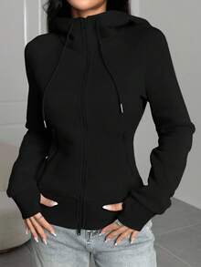 SHEIN EZwear Sudadera con capucha negra casual y versátil de talla grande