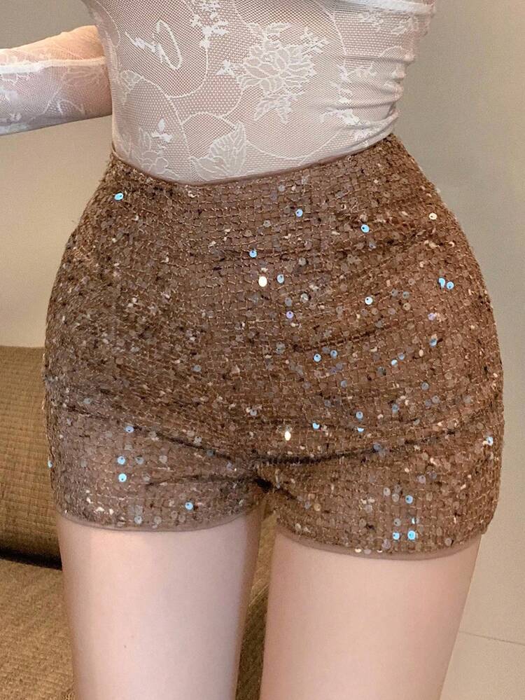 Sequin Embellished Bodycon Sexy Gold Mini Shorts For Women, Suitable For Party, Wedding, Prom New Years Women Carnival
