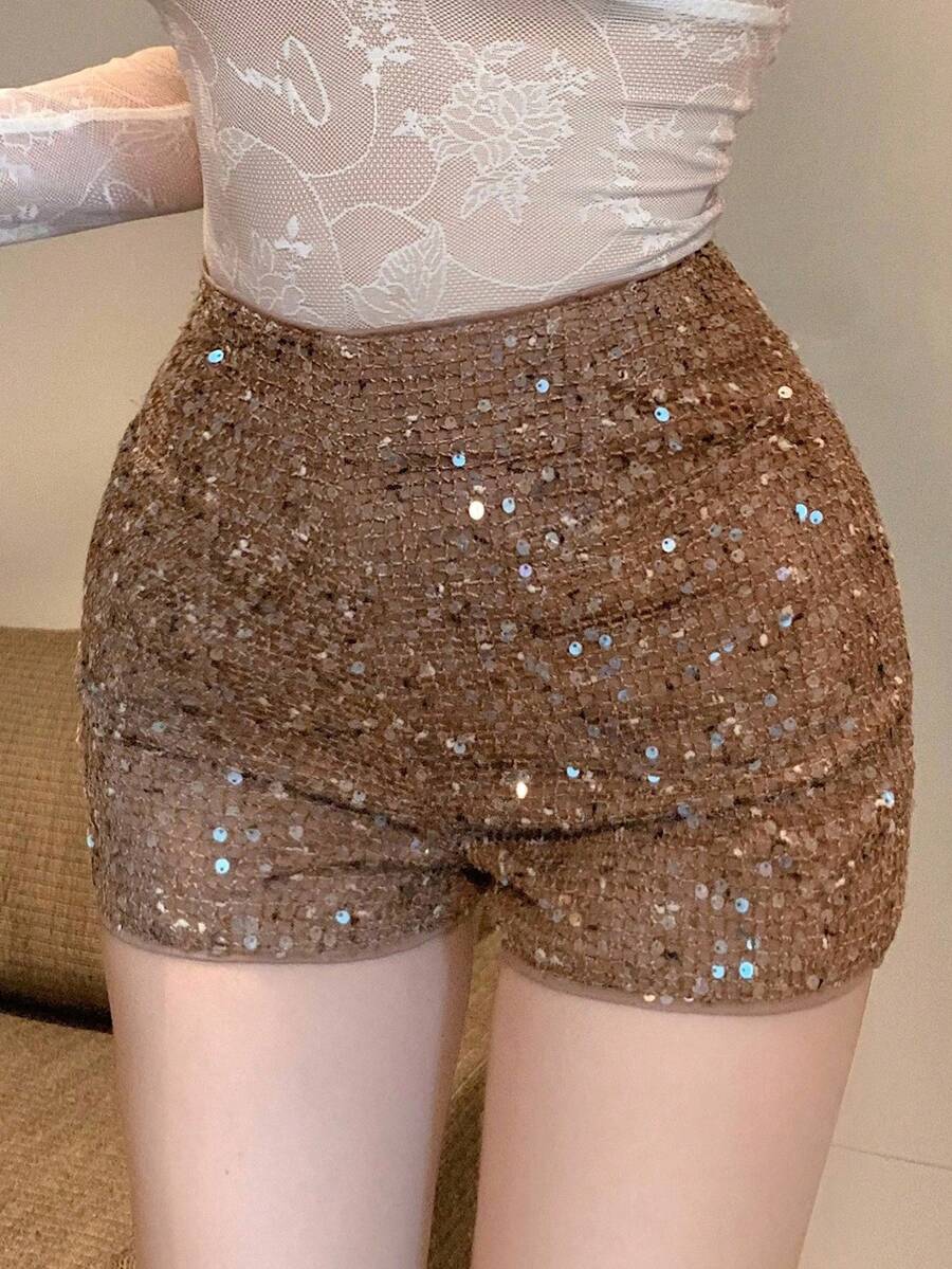 DAZY Sequin Embellished Bodycon Sexy Gold Mini Shorts For Women, Suitable For Party, Wedding, Prom New Years Women Carnival - Khaki - View 1