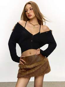 Rina Fox Áo khoác cardigan dệt kim cổ lông giả màu kaki cài nút tương phản, cạp chun cho nữ, mùa thu/đông - màu đen - Xem 5