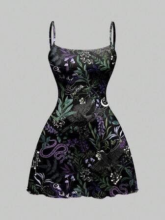 Goth Robe mini à imprimé intégral pour femmes, motifs d'Halloween sombres, horreur, mystérieux, serpent, aigle, papillon de nuit, plante, forêt, violet, bleu, noir