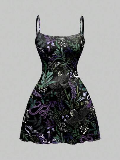 Goth Halloween Dark Horror Mysterious Snake Eagle Moth Butterfly Plant Forest Purple Blue Black All-Over Print Mini Dress For Women