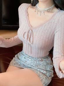 DAZY 粉色条纹纹理磨毛上衣，V领蕾丝拼接抽绳系带，优雅适合派对、婚礼等场合，长袖，秋冬季穿着。 - 粉色 - 查看 4