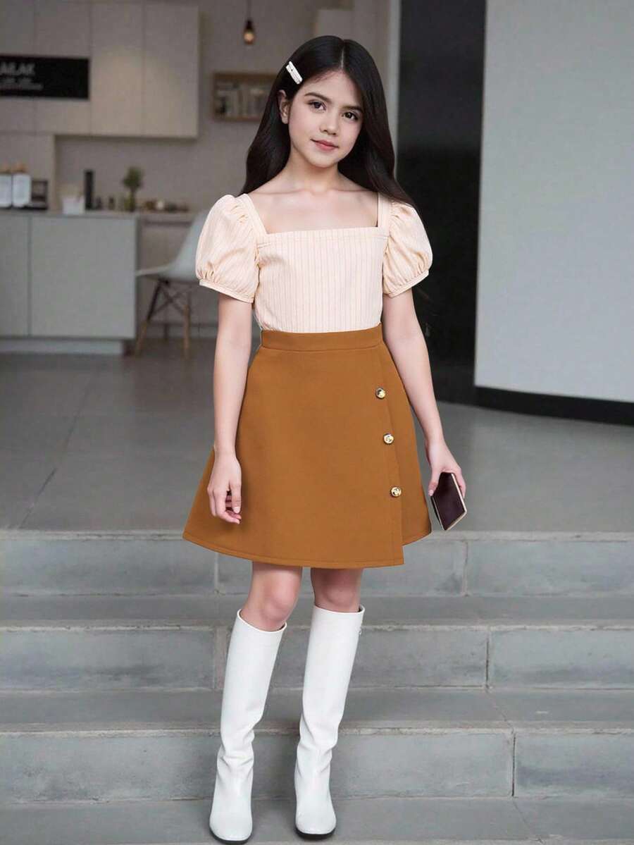 SHEIN Tween Girl Puff Sleeve Tee & Button Detail Skirt - Multicolor - View 1