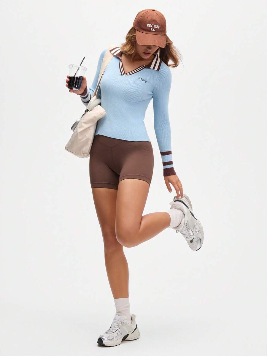 Easify SHEIN Sport كنزة صوفية كاجوال للنساء بأكمام طويلة وياقة على شكل حرف V مع تريم مخطط متباين، طراز رياضي للتنقل اليومي، موسم الخريف