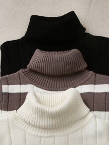 SHEIN LUNE 3 件套女式高领长袖毛衣，黑色、白色、卡其色条纹，简约百搭打底衫