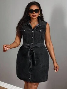 Slaydiva Gaun Denim Tanpa Lengan Kasual Warna Polos Ukuran Besar - Dark Grey - View 4