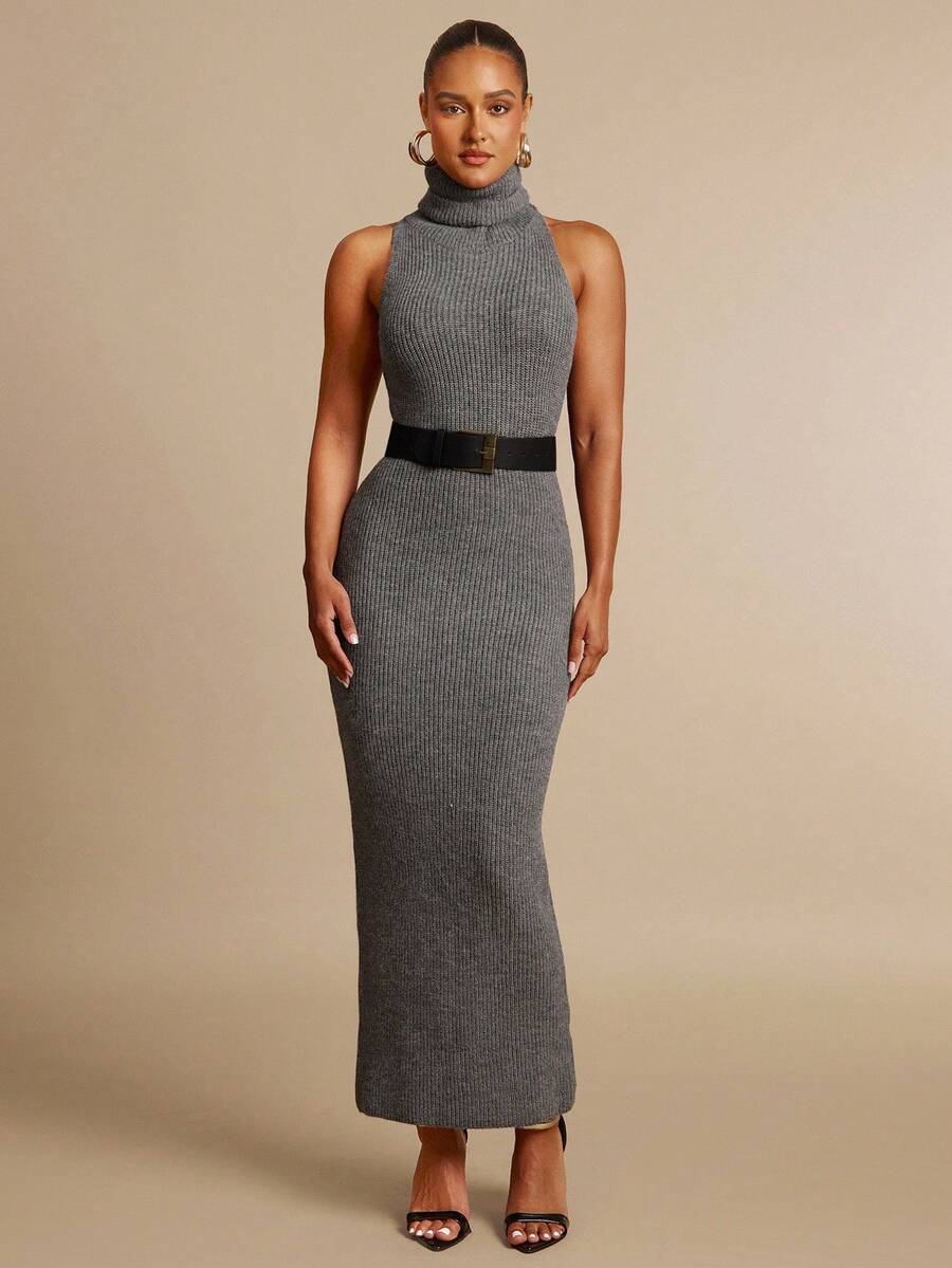 Silquee 女式休闲日常简约纯色高领无袖修身毛衣裙，不带腰带高领针织裙无袖高领裙灰色针织长裙高领长裙修身长裙秋冬 - 灰色 - 查看 1