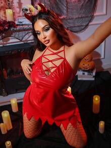 Fantasy Costume 4 pezzi Set di lingerie sexy taglia grande, con strisce lucide in PU e peluche, per feste e festival musicali a tema diavolo e Ognissanti, colore rosso