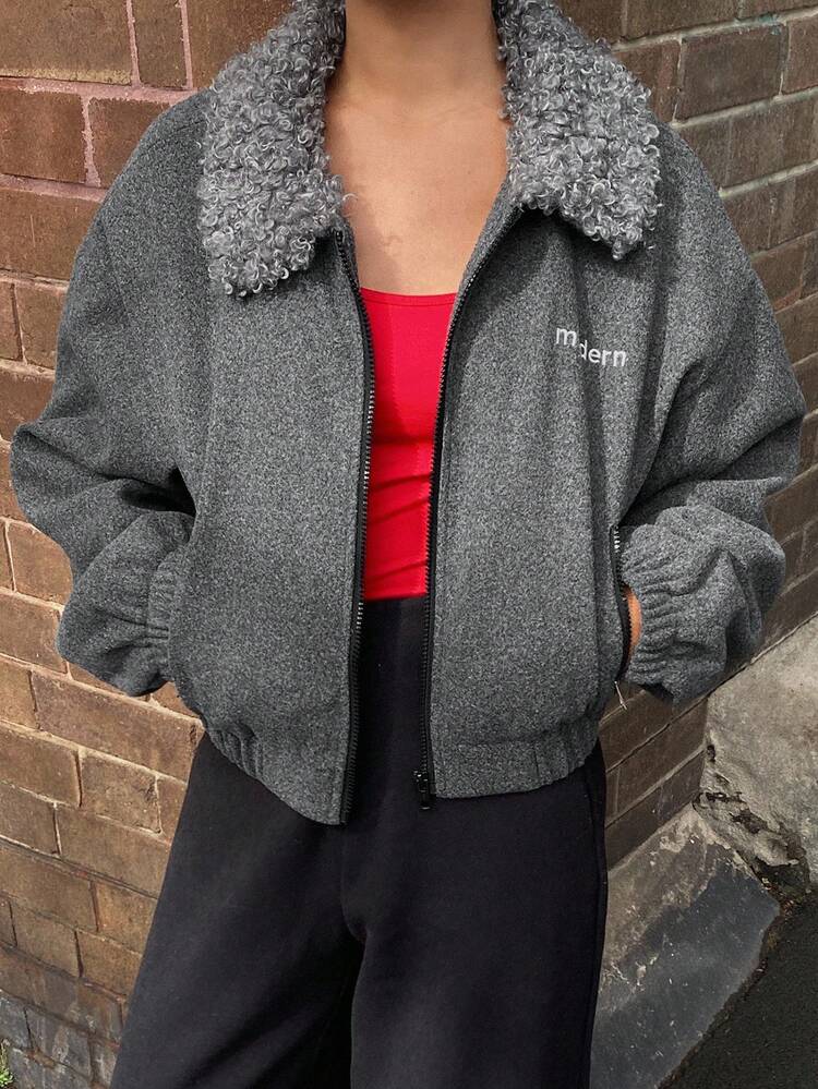 Women's Letter Print Sherpa Collar Drop Shoulder Long Sleeve Casual Winter Jacket Women Coats