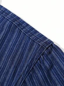 Chillumni Men's Dark Blue Washed Striped Casual Versatile Denim Short-Sleeved Top