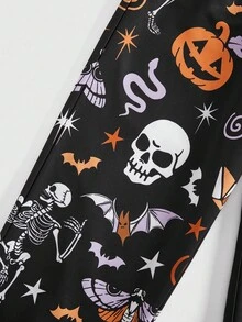 ROMWE Goth 大码女式哥特风格骷髅和南瓜印花宽松休闲裤 - 黑色 - 查看 3