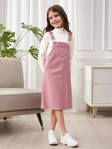 SHEIN Tween Girl 1pc Patched Pocket Overall Dress - Pink - View 5