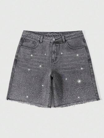 Street Life Herren Denim Shorts mit Strass-Verzierung an der Tasche und ausgefranstem Saum