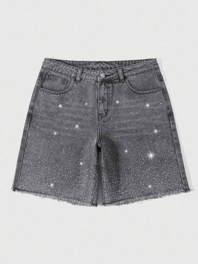 Street Life Pantalones cortos vaqueros casuales con bolsillo con adornos de rhinestone y dobladillo deshilachado para hombres