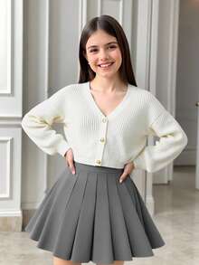 Tween Girl Casual Minimalist V-Neck Drop Shoulder Long Sleeve Cardigan