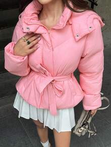 Sweetina Women's Pink Hooded Cinched Waist Padded Coat, Long Sleeve Casual Minimalist Outerwear, Cute & Girly, Autumn/Winter - Pink - View 1
