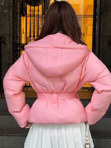 Sweetina Women's Pink Hooded Cinched Waist Padded Coat, Long Sleeve Casual Minimalist Outerwear, Cute & Girly, Autumn/Winter - Pink - View 8