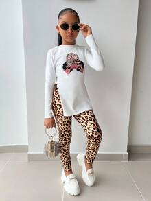 SHEIN 少女休闲针织豹纹印花长袖露脐上衣和豹纹打底裤套装，少女豹纹套装，女童豹纹服装，女童两件套裤装，青少年女童豹纹打底裤，女童猎豹套装，青少年两件套裤装，女童时尚秋冬服装 - 白色 - 查看 3