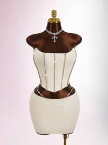 Amplova Conjunto de 2 piezas de top bandeau y minifalda decorados con rhinestones para tallas grandes