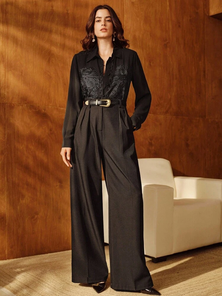 Women's Elegant Collared Long Sleeve Black Blouse, Embroidered Detailing Women's Long Sleeve Embroidered Blouse