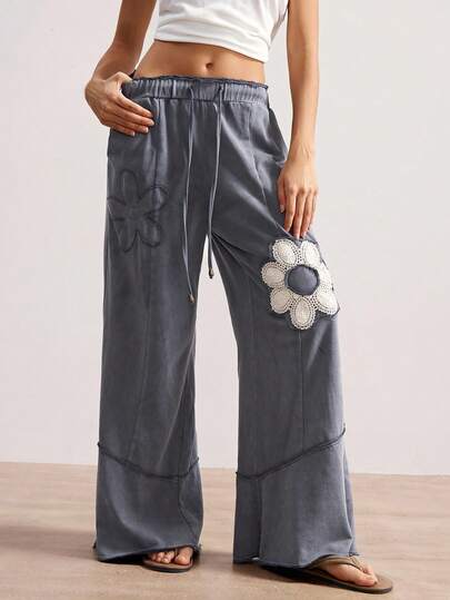 Bohemela Boho Casual Vacation Style Solid Color Knit High Waist Loose Wide Leg Washed Women Pants Boho Pants Wide Leg Summer Pants Cover Up Pants Bohemian Pants Crochet Pants