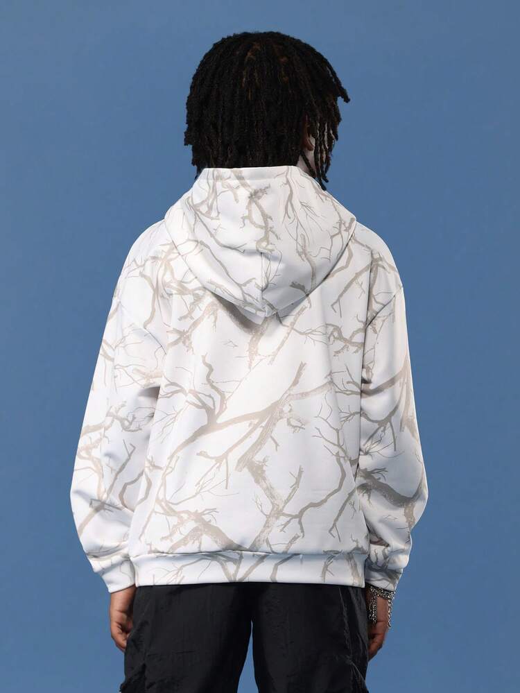 White Branch Pattern Pullover Hoodie With Centre Pocket